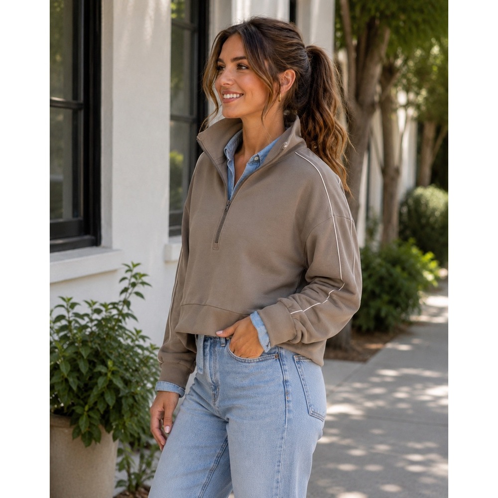 New Member's Mark Pullover Womens L Taupe Sandwash Half Zip Piping Activewear - Picture 2 of 16